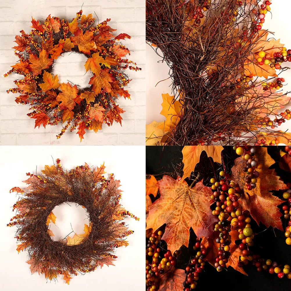 45cm Autumn Door Wreath Christmas Halloween Decoration Pumpkin Berry Pine Cone Maple Artificial Wreath Thanksgiving Decoration