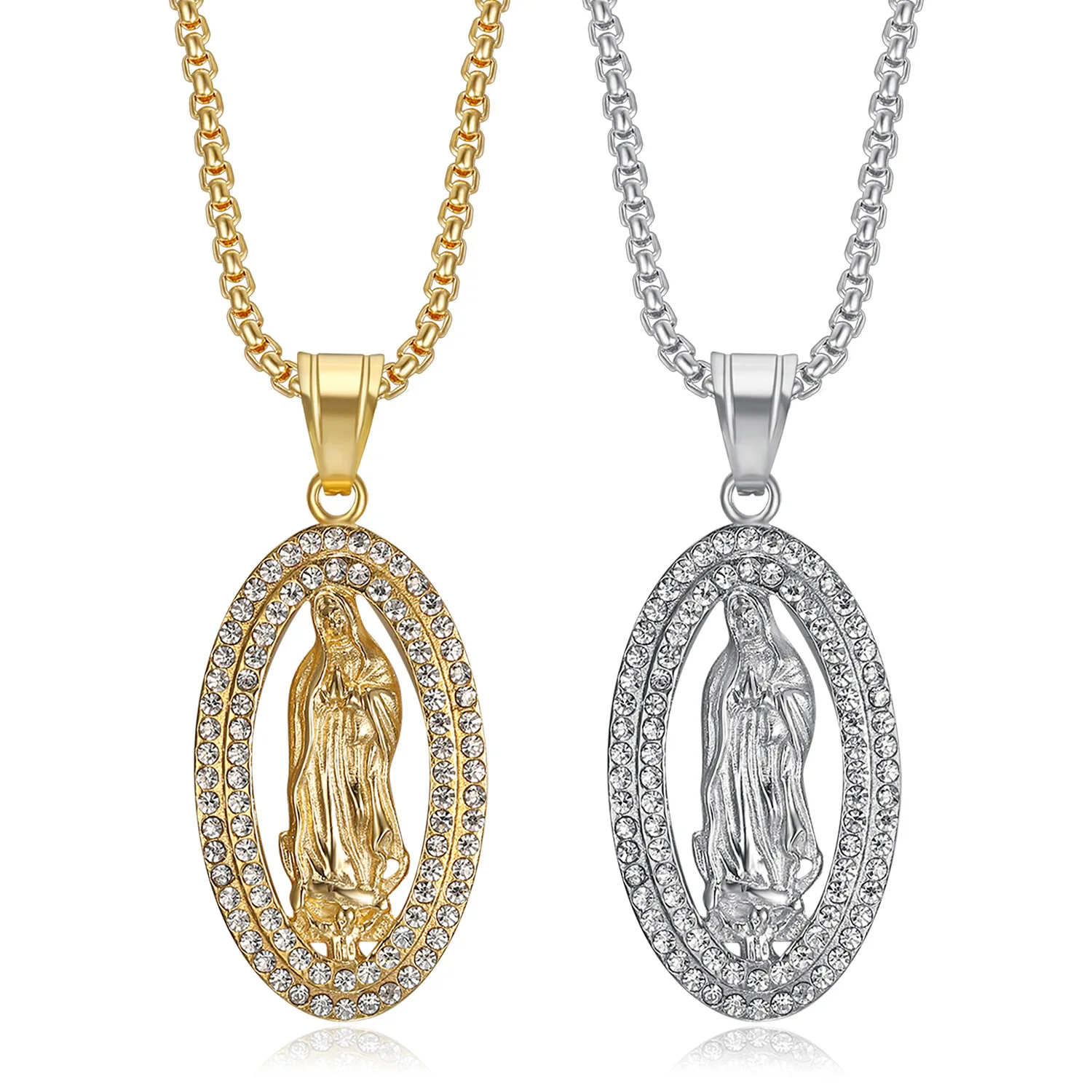 

Religious Iced Out Virgin Mary Pendant Gold Silver Color Stainless Steel Zircon Our Lady Madonna Oval Necklace for Women Jewelry