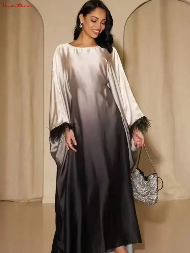 Fashion Shiny Feather Cuff Muslim Dress Robe Female Full Length Soft Butterflies Abaya Muslim Dress Worship Service Abaya wy2073