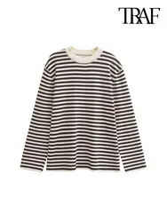 TRAF-Women's Striped Loose Basic Knit Sweater, O Neck, Long Sleeve, Female Pullovers, Chic Tops, Fashion