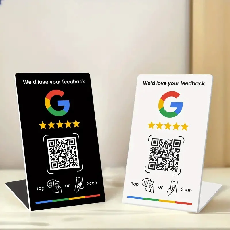 NFC Chip QR Code Stand Sign Acrylic Menu Display Card Google Review Tap Display Plate Ntag 215 Non-contact Key Card Smart Card