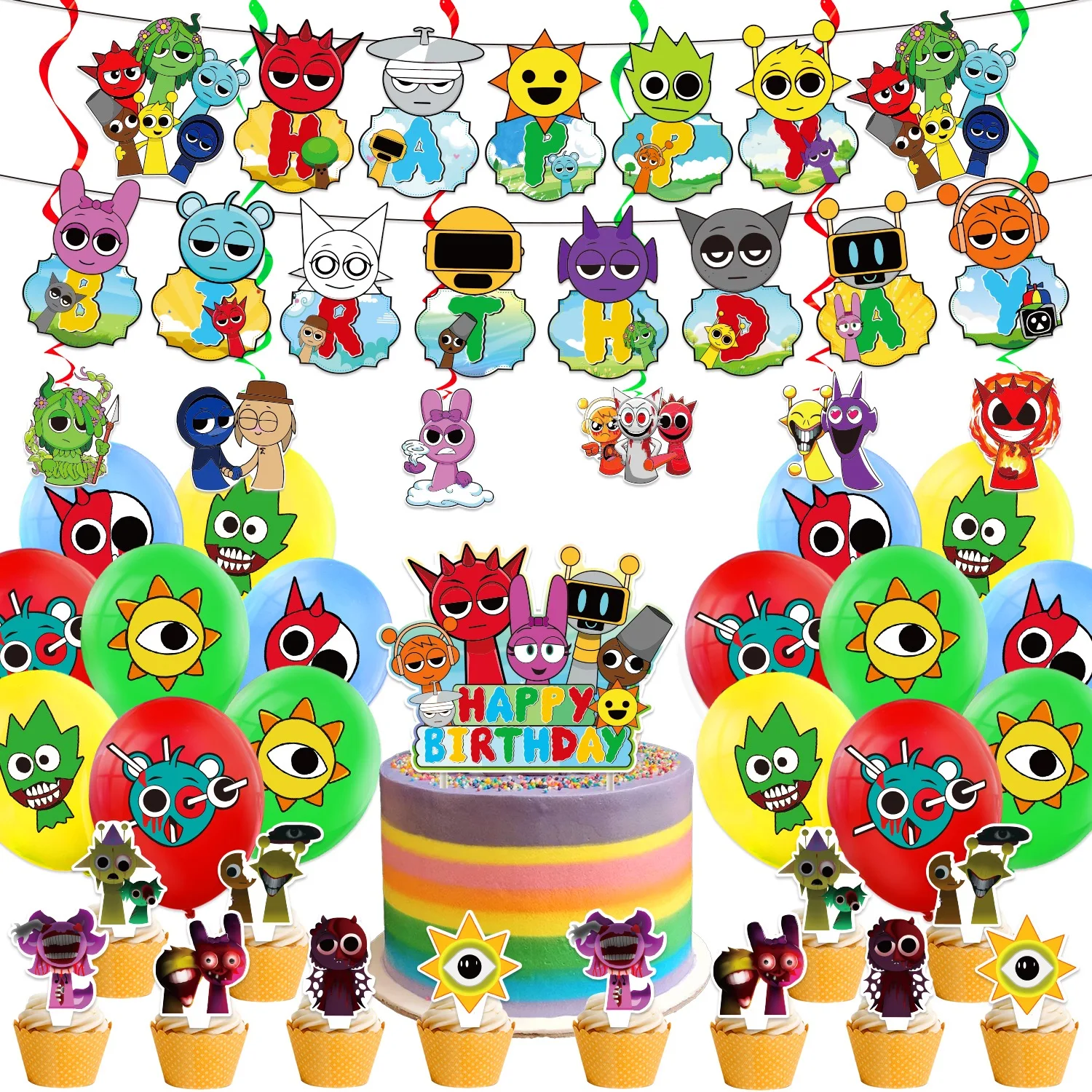 Incrediboxed SPRUNKIs Party Accessories Background Game Happy Birthday Decorations Banner Balloon Cake Topper Gift Poster Supply