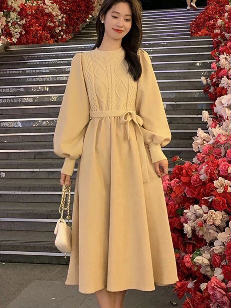 Autumn Winter Women Knitted Dress 2025 New Korean Long Sleeve O-Neck A Line Warm Sweater Dress Elegant Ladies Bandage Dress