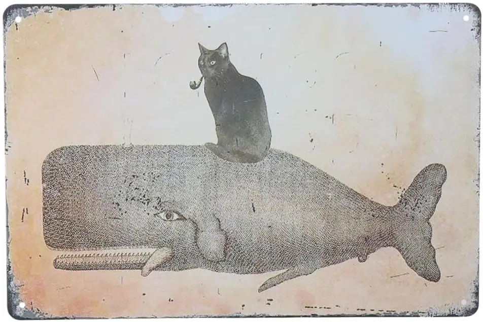 Vintage Black Dog/Cat Riding Whale Metal Sign, Gifts for Dog/Cat Lovers, 12 x 8 Inches(Cat) sign