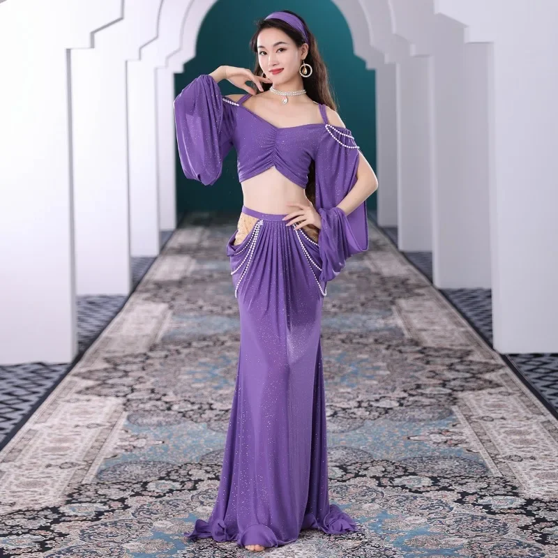 

2-piece set of new adult belly dance practice clothes women's palace Indian Oriental dance performance dress long skirt set