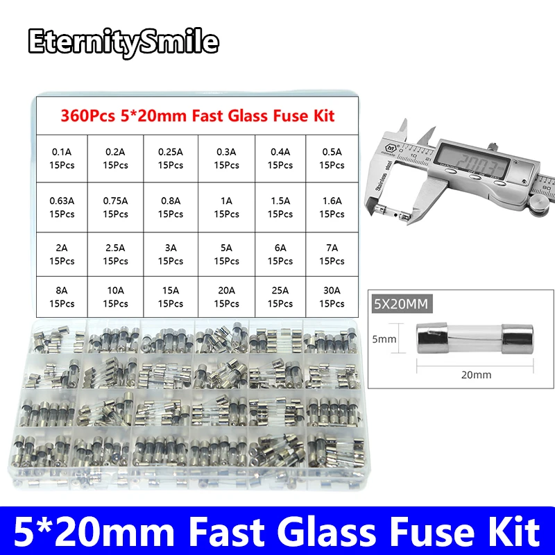 360Pcs/ Box 24Values 5x20mm Fast Glass Fuse Kit In Package 0.2A 0.5A 1A 2A 3A 5A 6A 8A 10A 15A /250V 5x30 Insurance Tube Package
