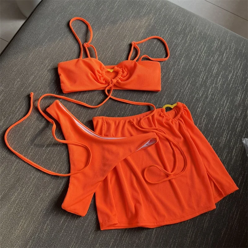 Maiô biquíni monocromático de 3 peças feminino, top, roupa íntima, curto, mini vestido de baile, festa de verão, praia, saia de férias, gostosa