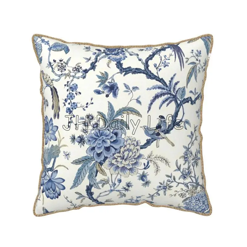 Chinoiserie Soft Velvet Throw Pillow Cover Blue and White Outdoor Bule Birds Flowers Pillow Case for Home Sofa Couch Bedroom