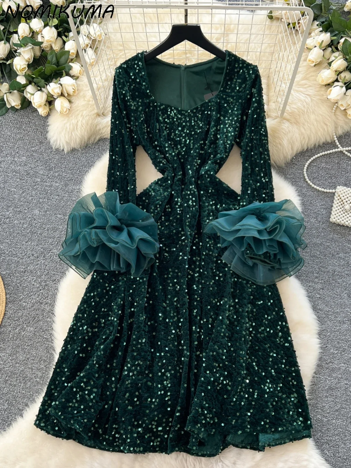 Nomikuma Three-dimensional Flower Shaped Sleeve Splicing Waist Slimming Elegant Square Neck Sequin Velvet Dress for Women