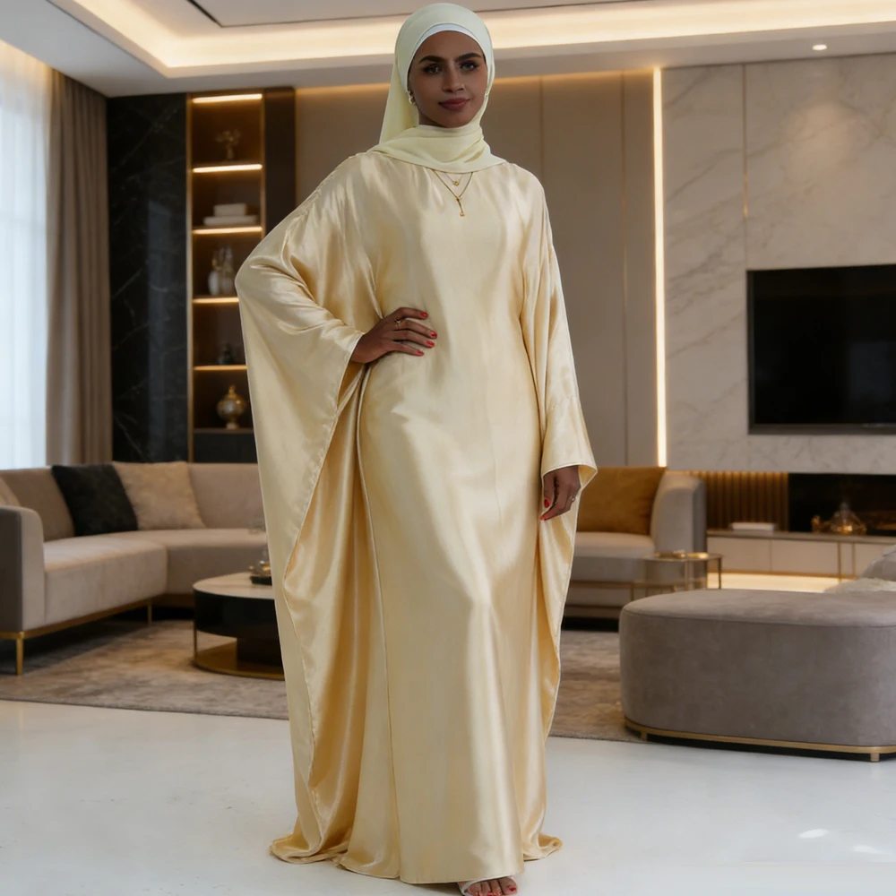 

Eid Djellaba Satin Batwing Abaya Dubai Luxury Muslim Kaftan Hijab Dress Kebaya Abayas for Women Vestidos Kebaya Islam Jalabiya