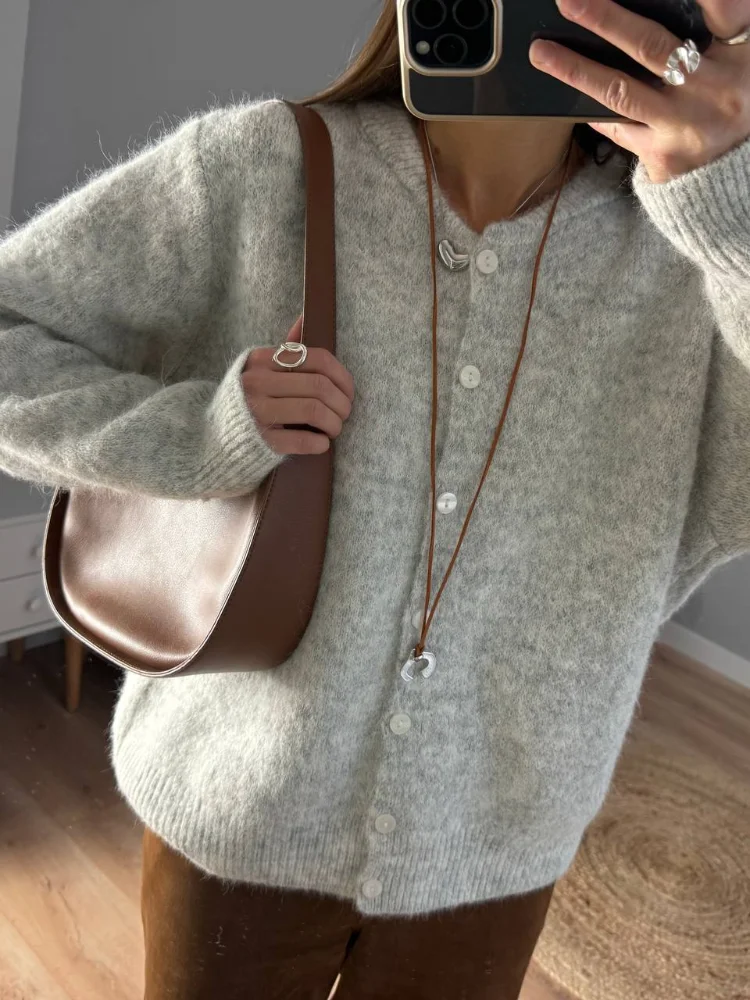 

Grey Round Neck Single Breasted Women's Cardigan Fashion Mohair Long Sleeved Casual Sweater 2025 Autumn New Commute Street Coats