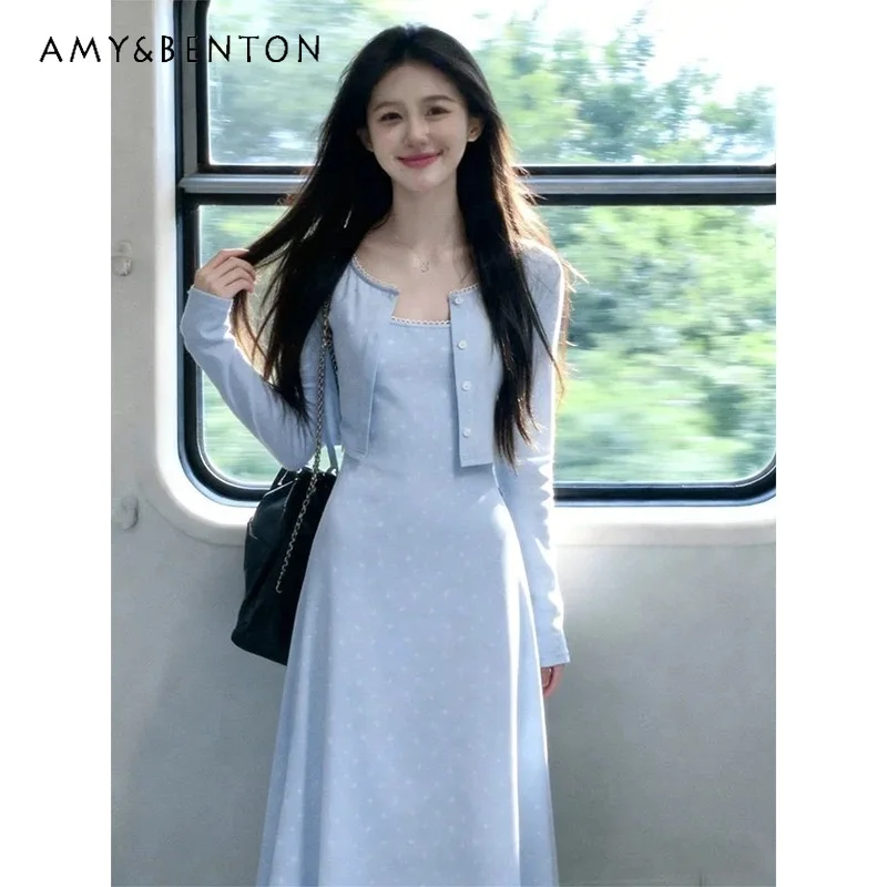 Vestido casual de lunares azul claro para mujer y cárdigan corto de manga larga, conjunto de dos piezas para uso diario y de viaje
