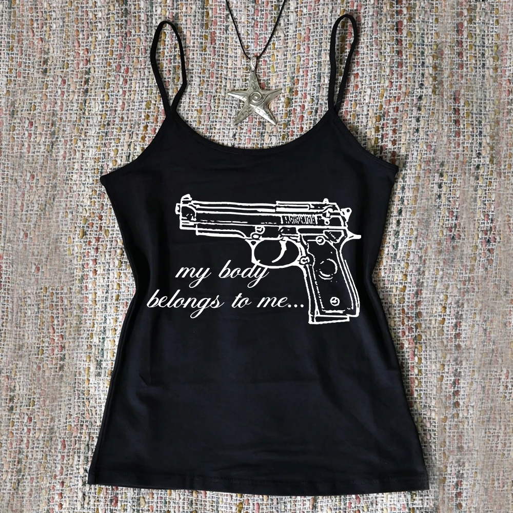 T-shirt court décontracté pour femme, style européen et américain, imprimé humoristique pistolet, coupe slim, tendance, 3 sol