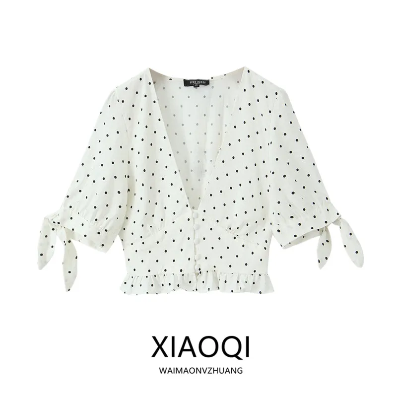 

Лето 2023. Женский утягивающий универсальный льняной топ в горошек с v-образным вырезом и высокой талией.