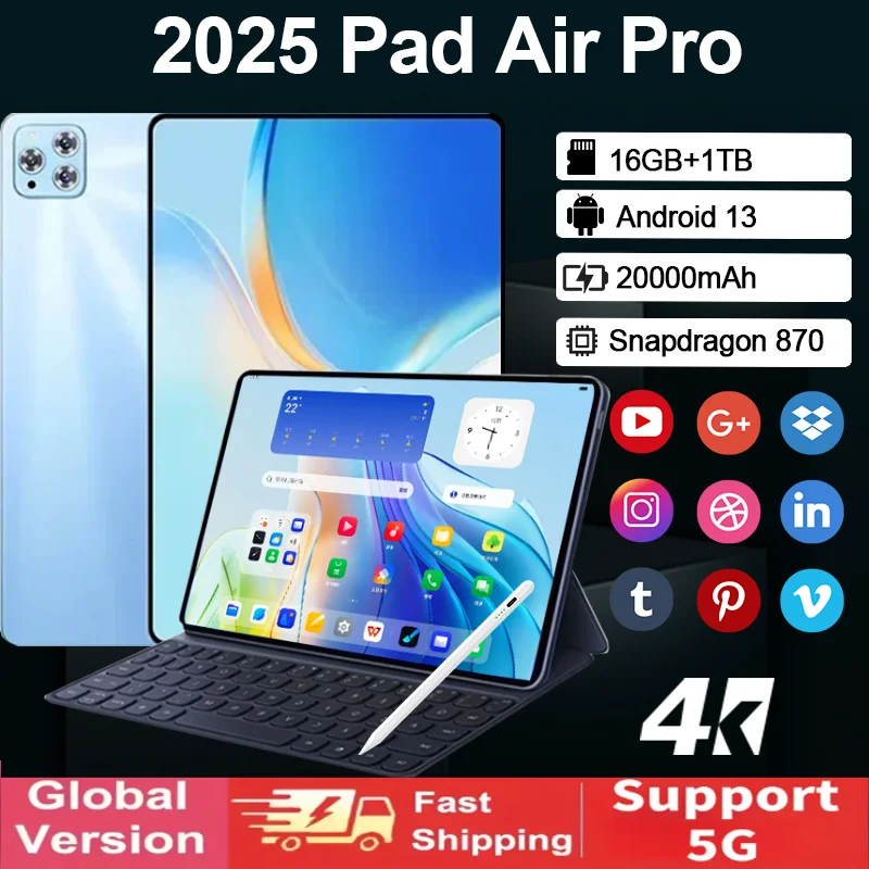 2025 الأصلي 12 بوصة الوسادة الهواء برو الكمبيوتر اللوحي 20000mAh Snapdragon 870 أندرويد 13 16GB RAM 1 تيرا بايت ROM 4G 5G ثنائي الشريحة GPS WIFI اللوحي