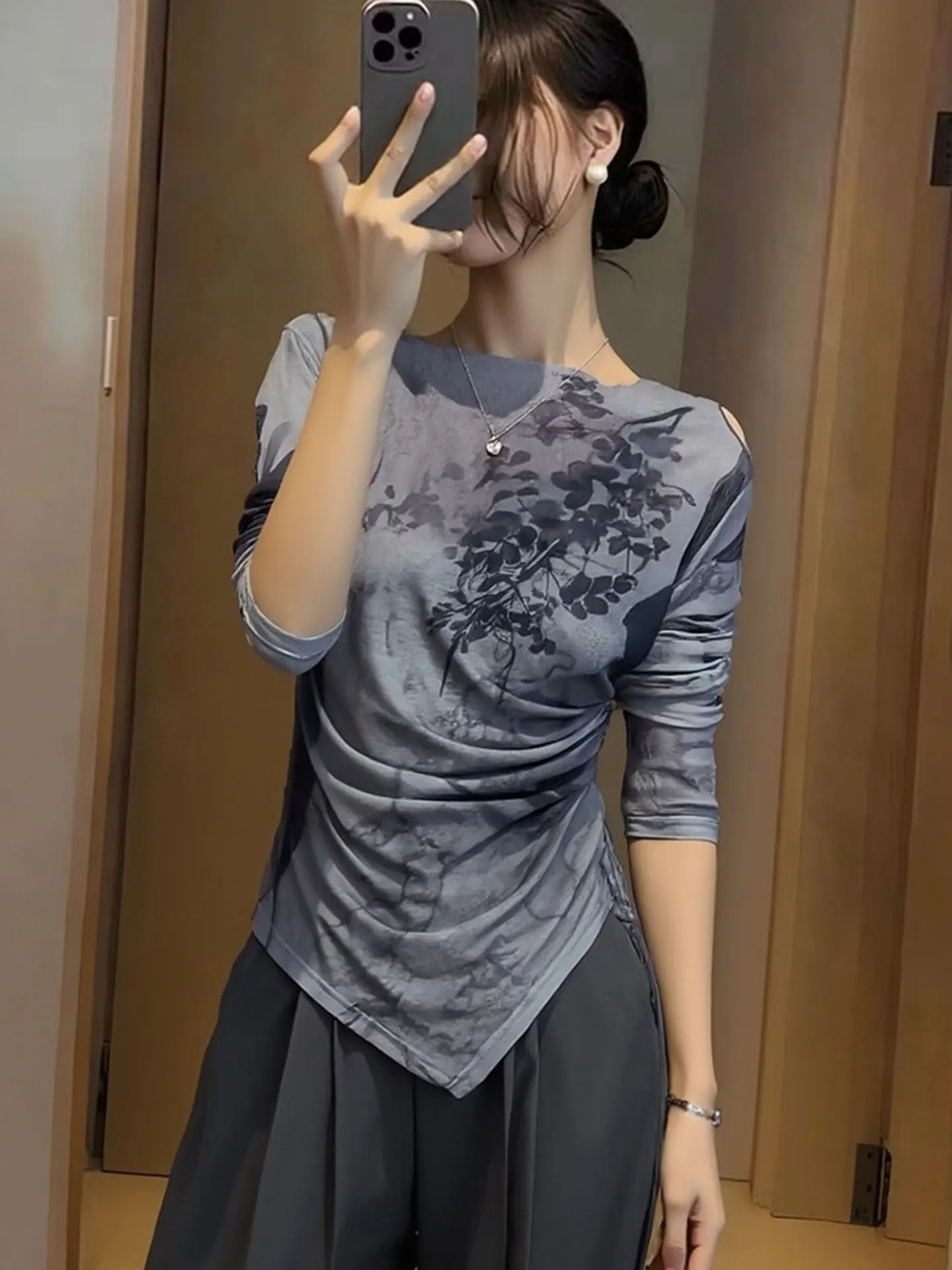 

Женский лонгслив Ele с эффектом тай-дай, весна 2026, для повседневной носки, комфортный, средней плотности, из смесовой шерсти, с круглым вырезом