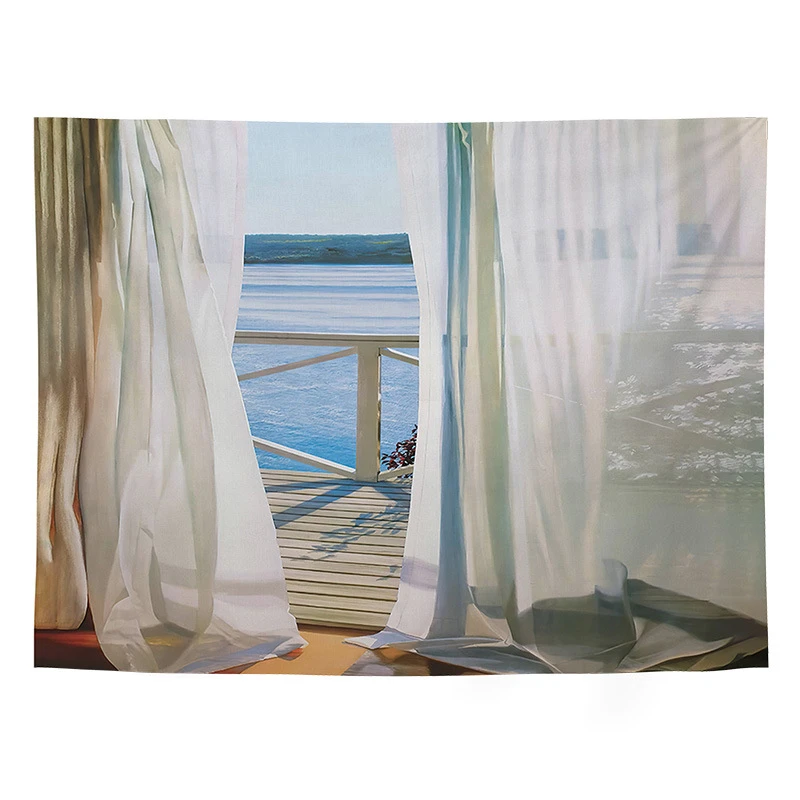 VIKAMA Ocean Beach Simulation Window Landscape Tapestry Landscape Wall Hanging Living Room Bedroom Dormitory Home Decoration