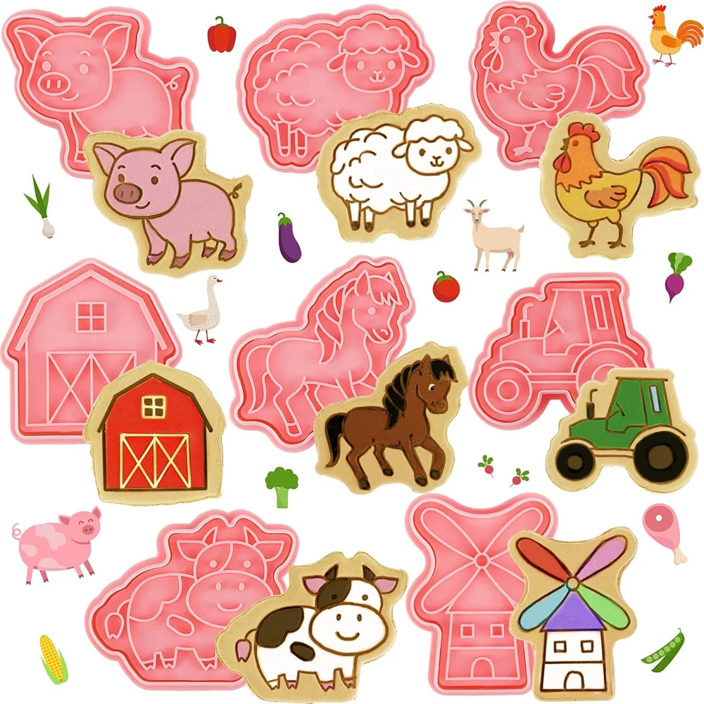 8 PCS Farm Animal Cookie Mold Dough Stamp Plastic 3D Cartoon Pressable Cookie Mold DIY Candy Cake Baking Tools Pastry Decoration