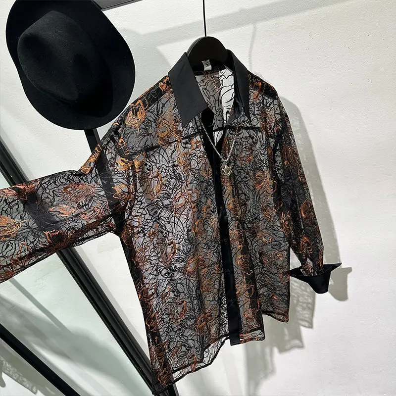 Fashionable Design Lace Woven Flower Sheer Top Trendy Avant-Garde Hollow Loose Long Sleeve Shirt