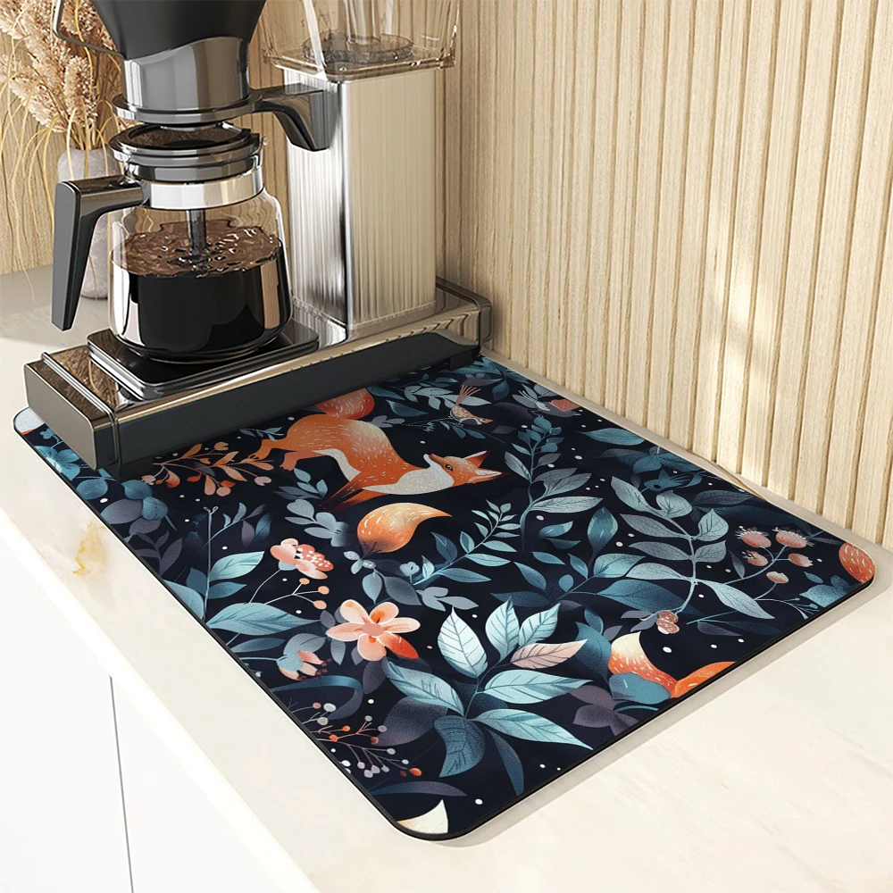 1pc Drying Mat Fox Plant Wildflower Non-Slip Absorbent Mat Tableware Kitchen Counter Drain Mats Placemats for Table