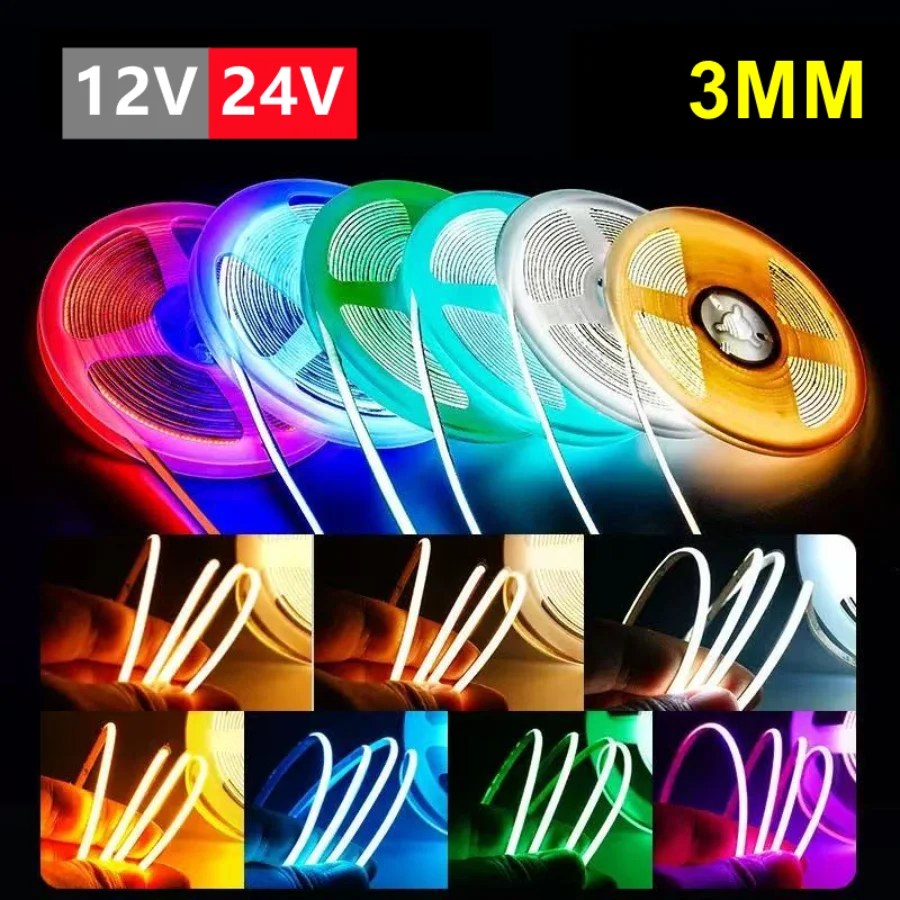 

12 В 24 В 3 мм сверхтонкая светодиодная лента COB с регулируемой яркостью, 5 м, высокая плотность, гибкая, 400 светодиодов, световая лента, украшение для фона комнаты, телевизора