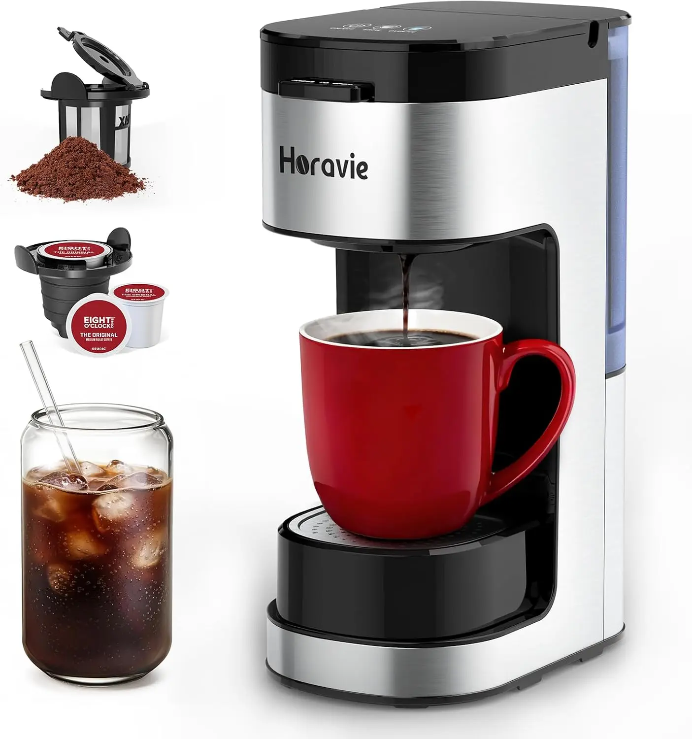 

Кофеварка для одной порции, для капсул K-Cup и молотого кофе, горячее и холодное заваривание 6-14 унций, с функцией оповещения о накипи, идеально подходит для дома, путешествий, автофургонов, общежитий