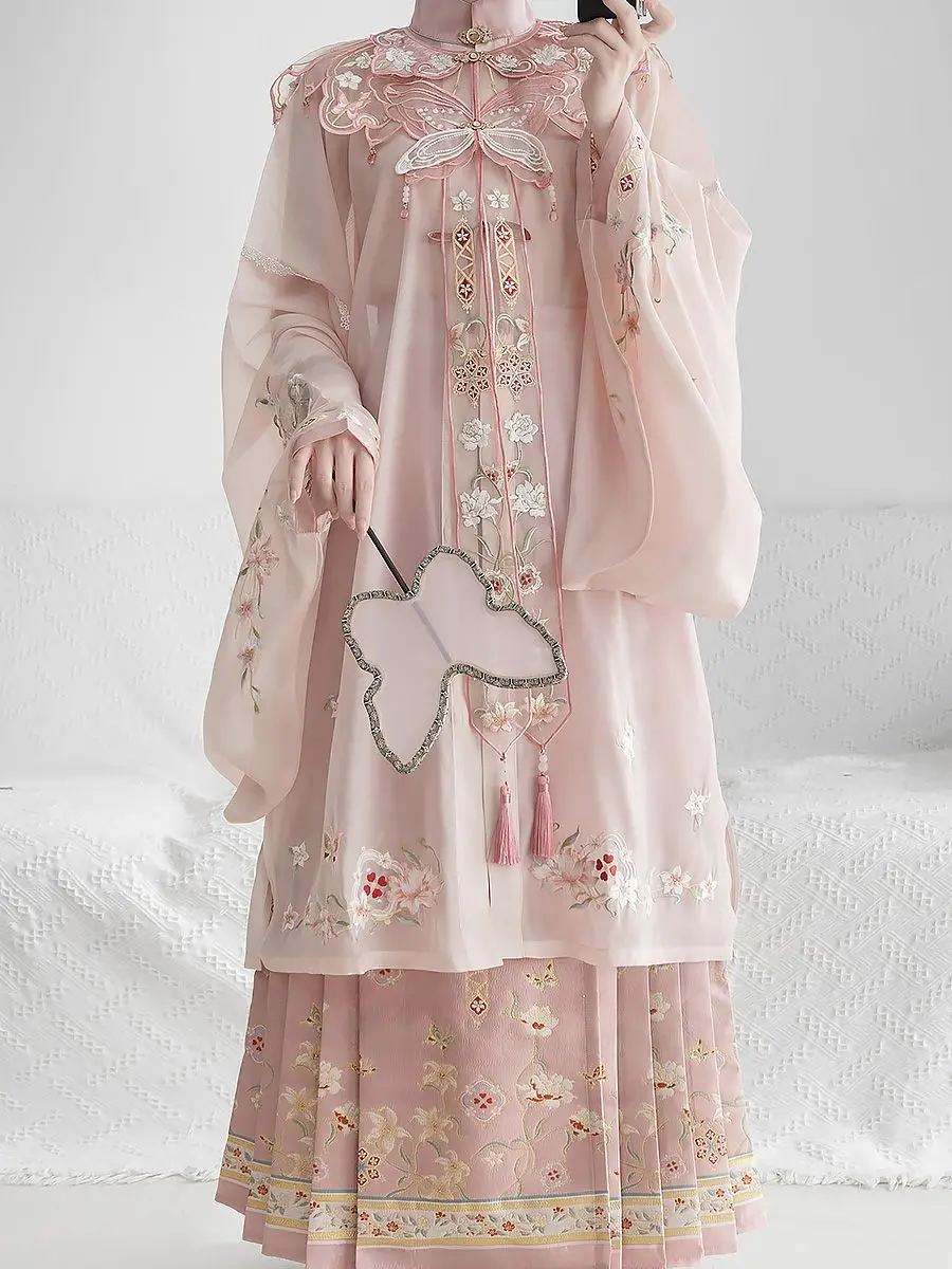 

2025 new national style pink cloud shoulder standing collar long dress pleated skirt hanfu three-piece female hanfu set w399
