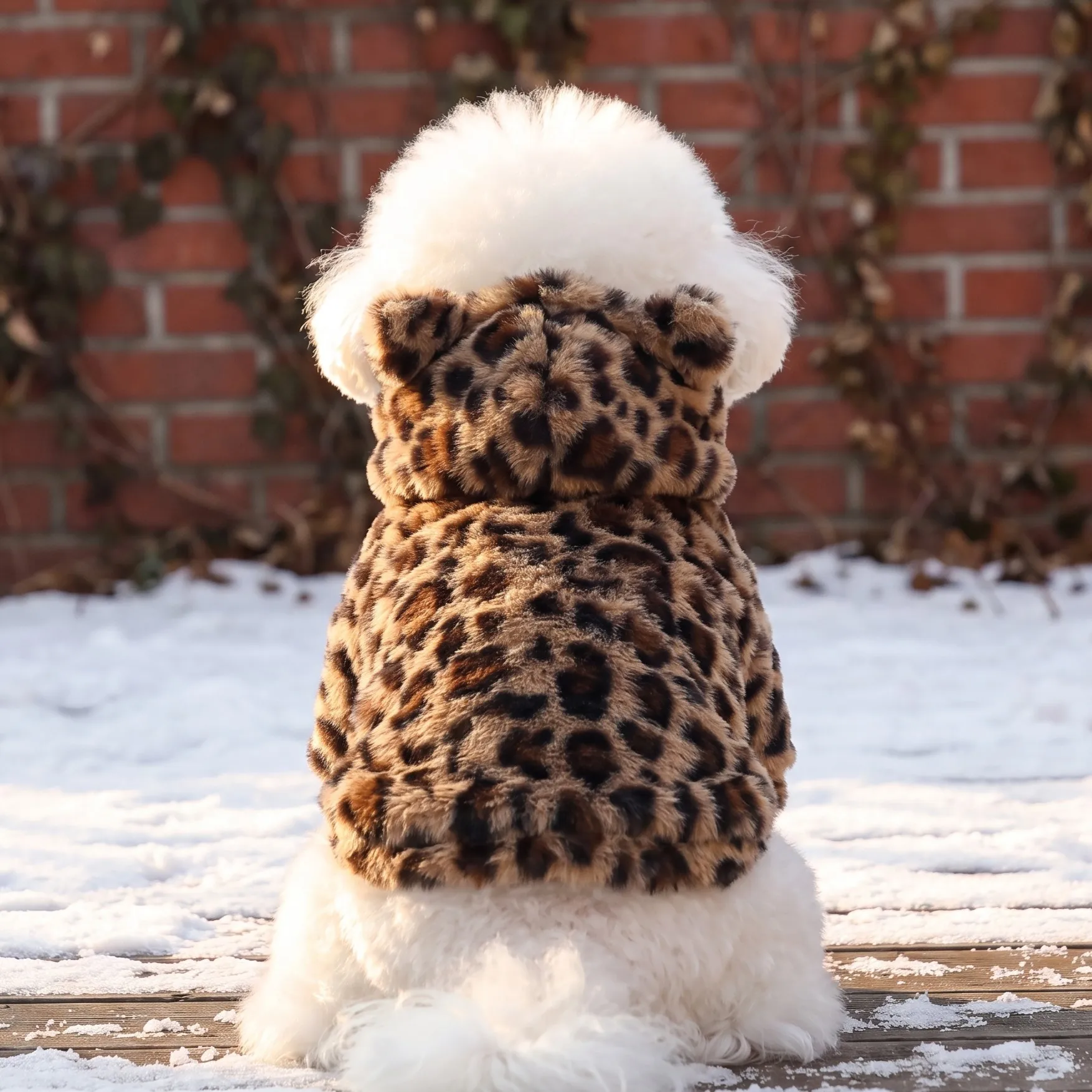 Hundejacke, Retro-Leopardenmuster, Kunstfell-Teddybär-Ohren, Kapuzenjacke mit Reißverschluss, dicke, flauschige, warme Haustierjacke – Detail 14
