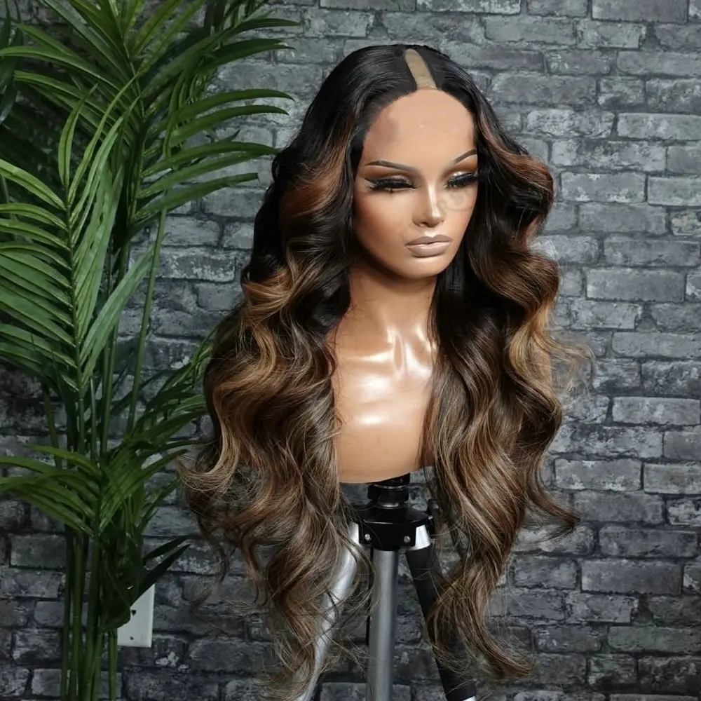 

Honey Blonde Hightlight 1x4 Size U Part Wig Human Hair for Women With Body Curls Glueless V Part Wig Easy Wear European Hair