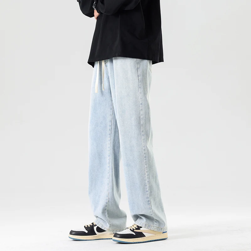 Men's 2024 Spring and Autumn New Fashion Splicing Pocket Drawstring Draping Loose Retro Straight Leg Casual Wide Leg Jeans