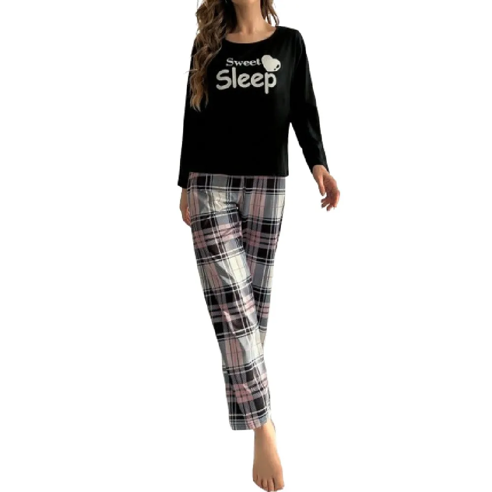 Monogrammed black crew-neck long-sleeved top and plaid pants casual and comfortable women\'s pajama set