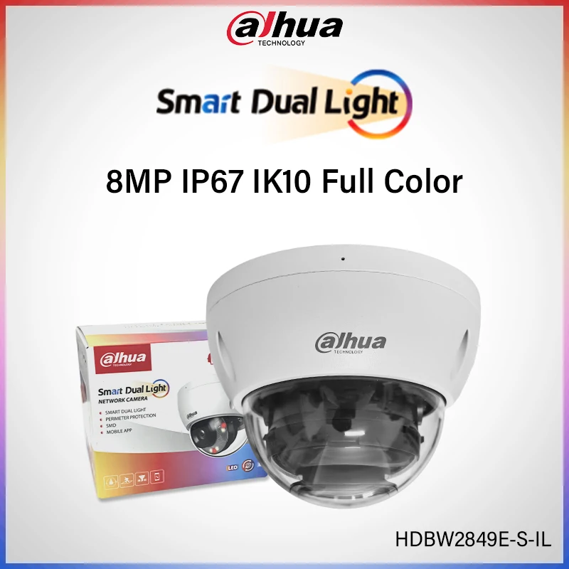 Cámara Domo Dahua de 8MP a Todo Color para Exteriores, IP67 IK10, Protección de Seguridad 4K, IPC-HDBW2849E-S-IL, Detección Humana, PoE, Visión Nocturna 4K