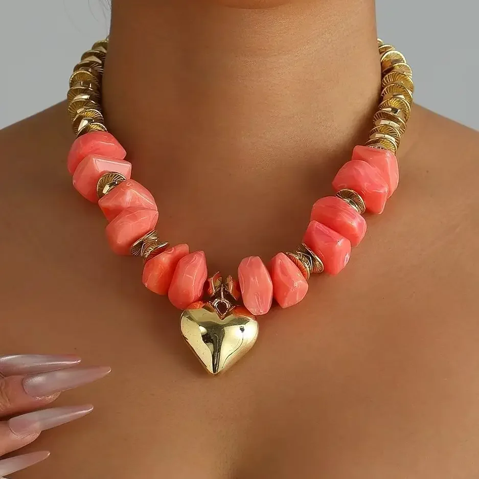 Y2K Bohemian Ombre Color-Block Heart Necklace Rock Style Personalized Exaggerated Original New Trend Retro Clavicle Chain Daily
