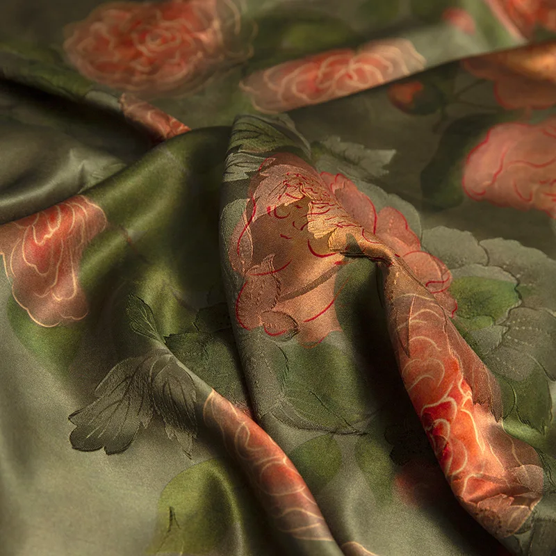 High Quality NATRICH Peony Soteil 40momme Xiangyun Yarn Satin Double-Sided Jacquard Fabric Chinese Dress Hanfu