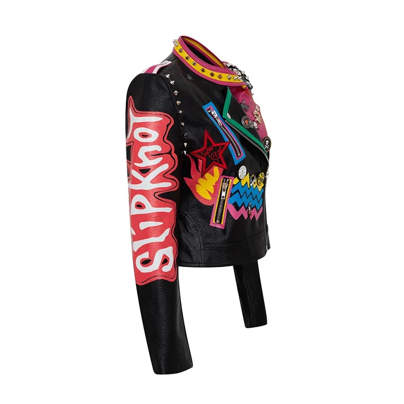 Contrast Graffiti Print Motorcycle Jacket for Women 2024 New Streetwear Slim Stand Collar Cropped Faux Leather Jacket XXXL