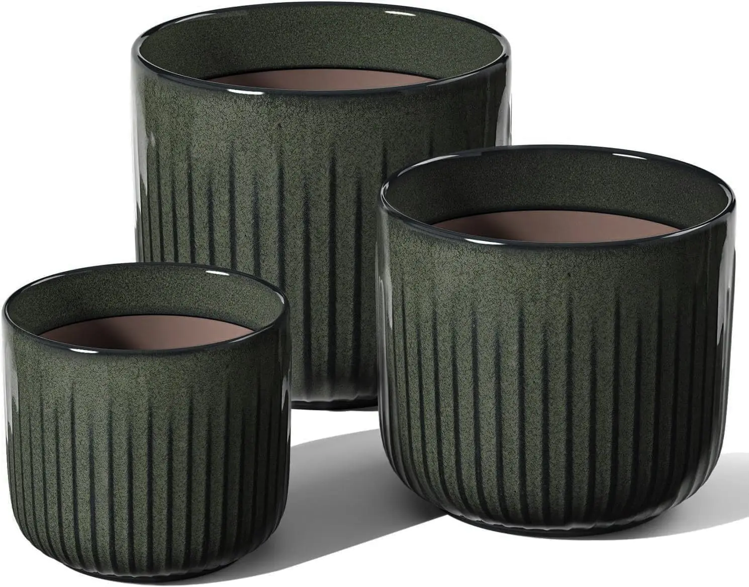 

Set of 3 Dark Olive Fluted Ceramic Planters with Drainage, Sizes 8.3/7/5.7 in for Indoor Plants