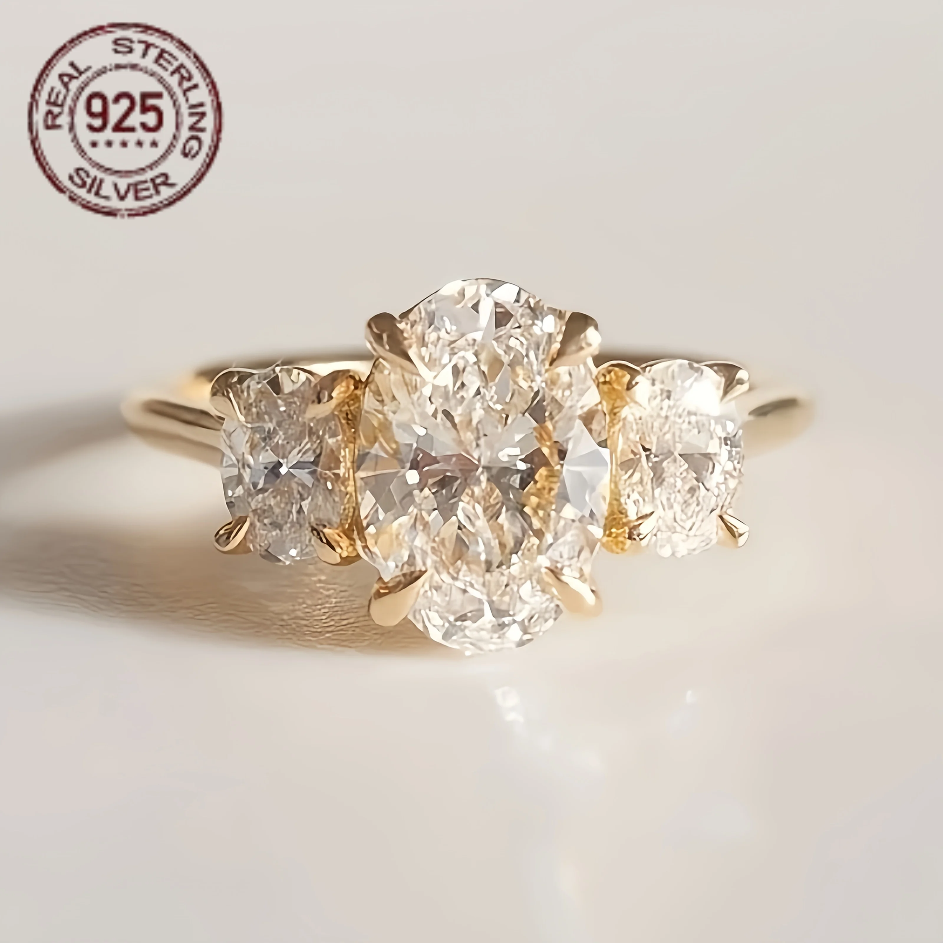 4.0 CT Oval Cut Three Stone Style 925 Silver Engagement Rings Women Simple Style 18K Gold Plated Wedding Ring Party Fine Jewelry