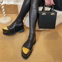 Golden Brass Toes Platform Booties Novel Design Stretch Over The Knee Sock Boots Luxurious Latest Arrivals Women's Leather Boots