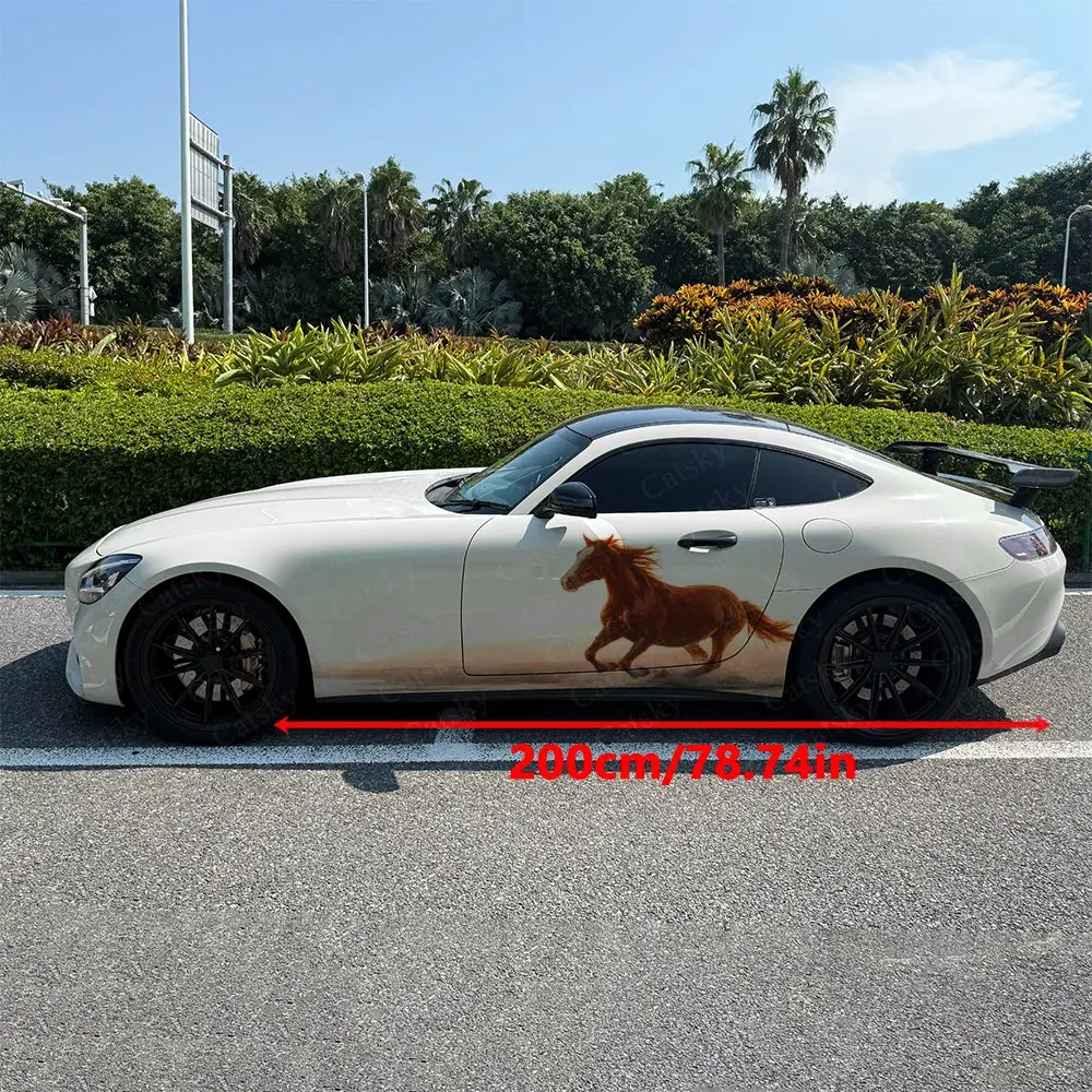 2pcs Galloping Chestnut Horse Car Side Wraps, Self-Adhesive PVC Waterproof & Scratch-Resistant Stickers, Car Accessory Gift