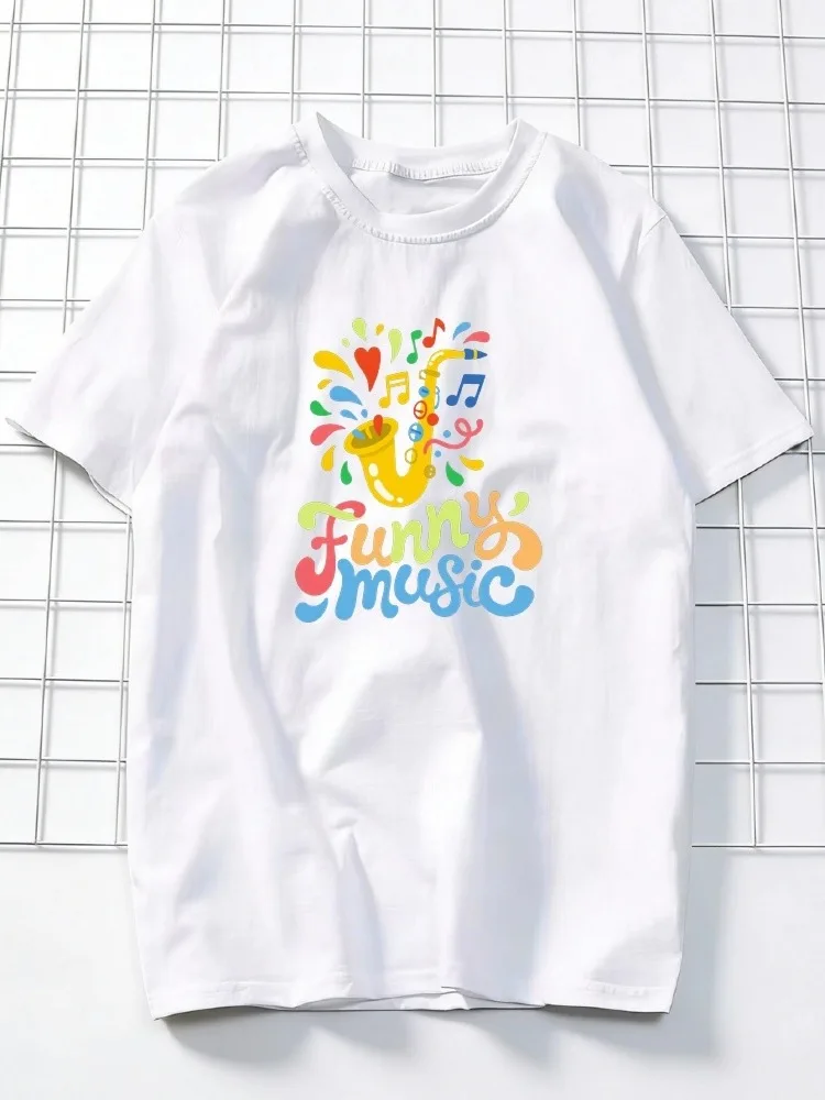 Women's Summer Crew-Neck T-Shirt with Fun Music Print Colorful Saxophone and Musical Notes Casual Short-Sleeve