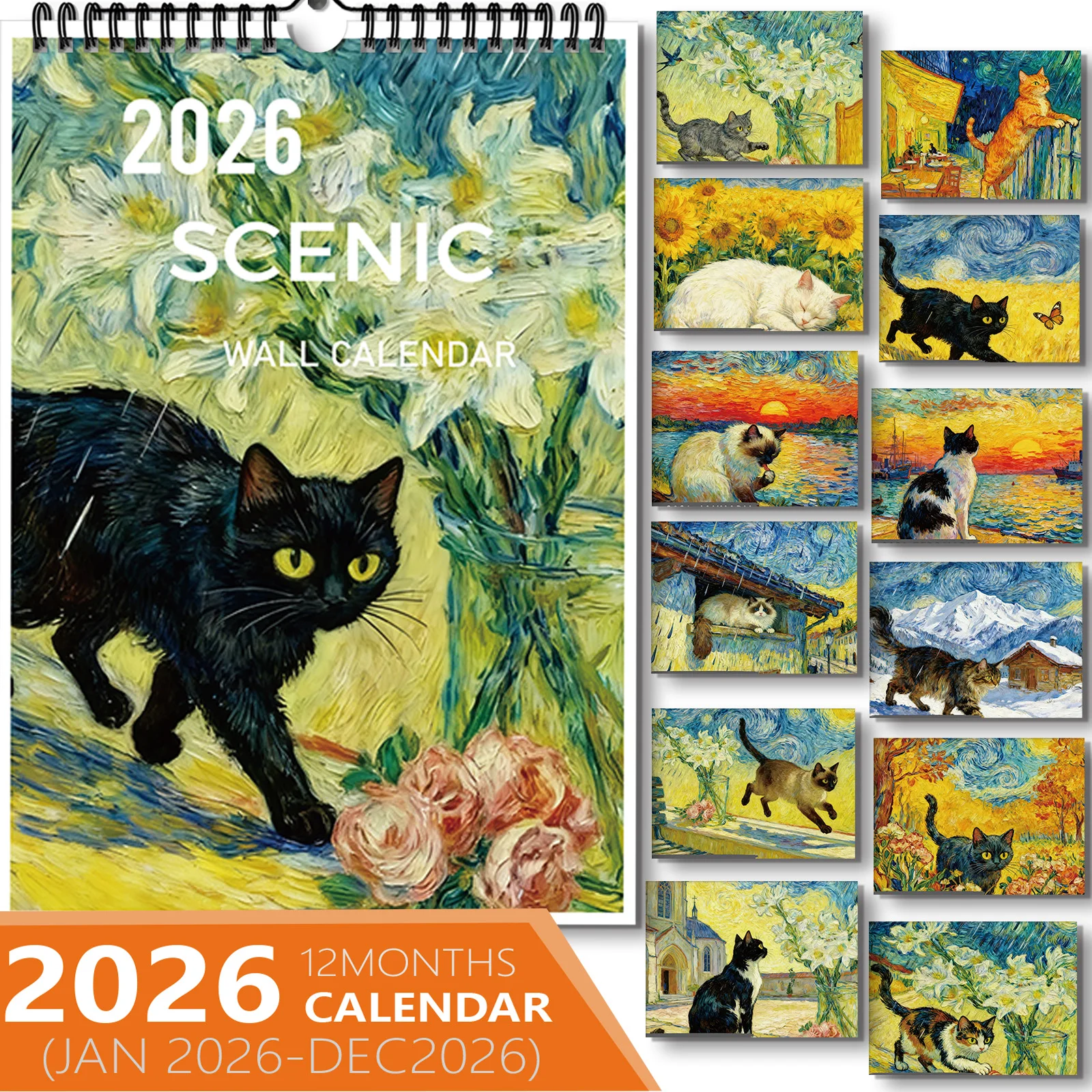 

1PC Artistic Van Gogh Black Cat Calendar, Fit For Home Decor, Great For Art Lovers, Wonderful New Year Gift