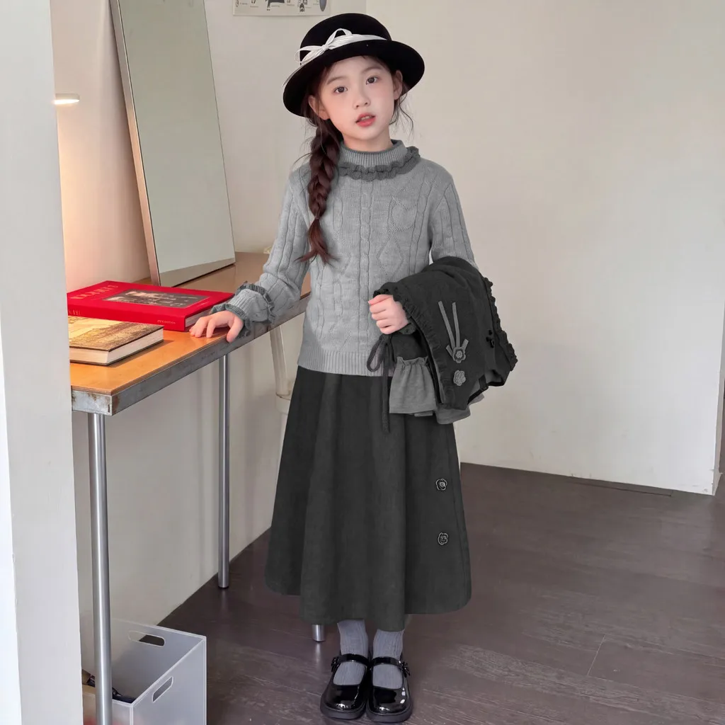 Children Clothes Suit Girls Autumn Gray Sweater with Vest and Skirt 3 Piece Set 2026