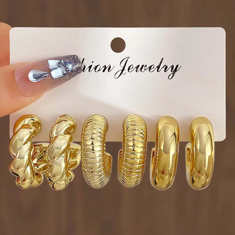 New Trendy Gold Color Twisted C Shape Tear Drop Earrings Set for Women Fashion Metal Geometric Circle Earrings Jewelry