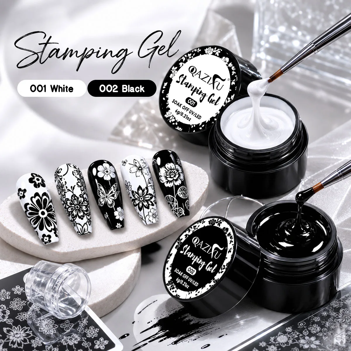 QAZIXU Black & White Stamping Gel Polish Set Transfer Nail Art for Plate Design Semi Permanent Soak Off UV LED Manicure Tool