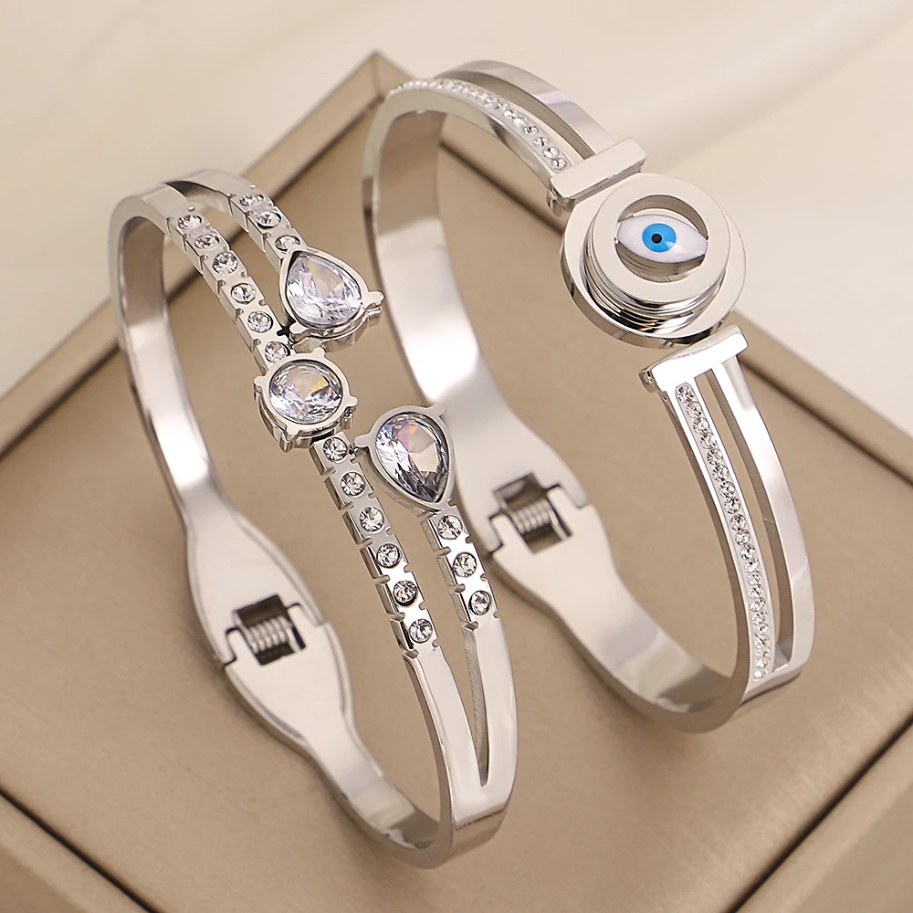 

2PCS Women's Silver Color Bangle New Unique Inlaid Rhinestone Zircon Eyes Stainless Steel Bracelet Creative Match Accessories