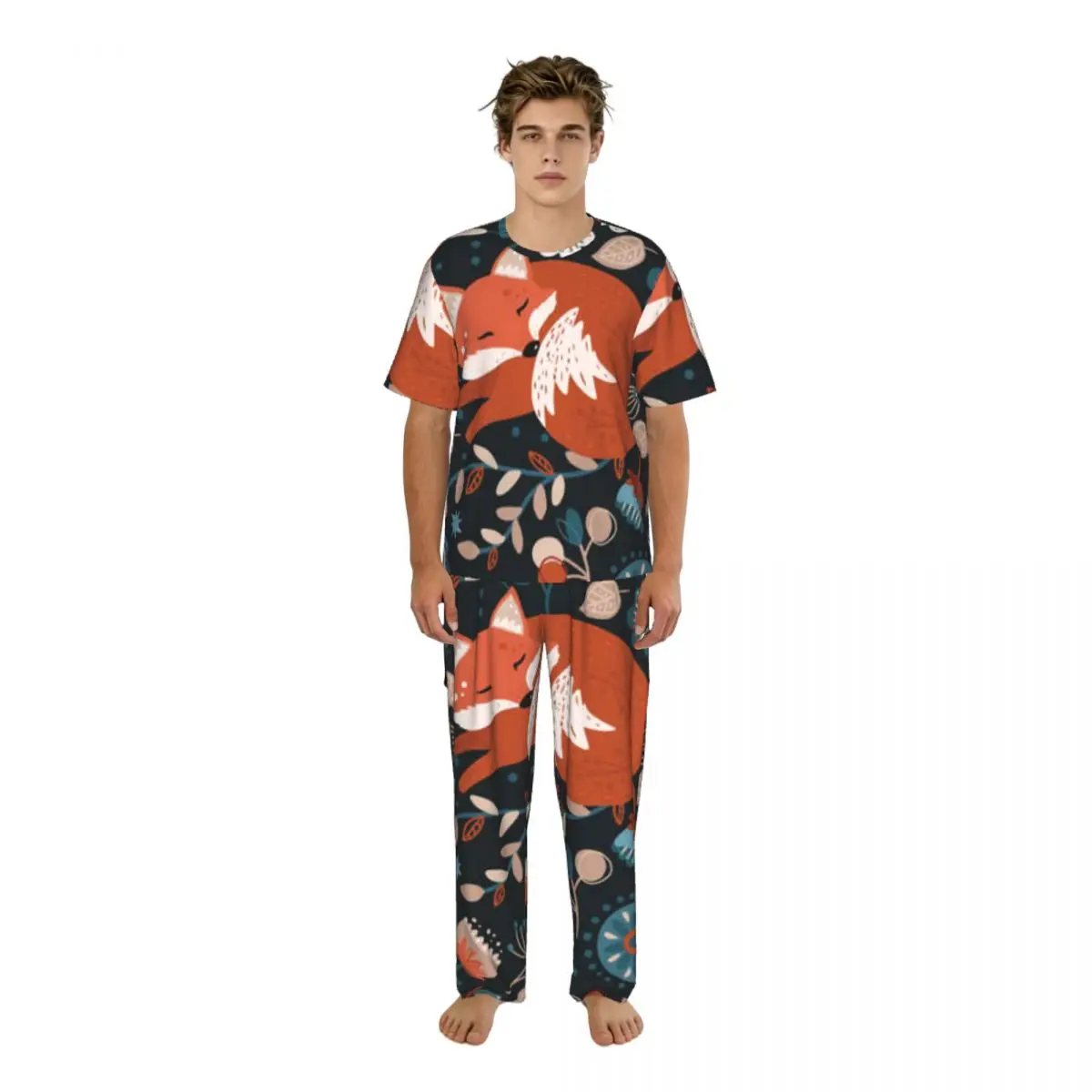 

Sleepwear Summer Spring Home Clothes Nordic Scandinavian Fox Pattern Short Sleeve Long Pant Nightwear