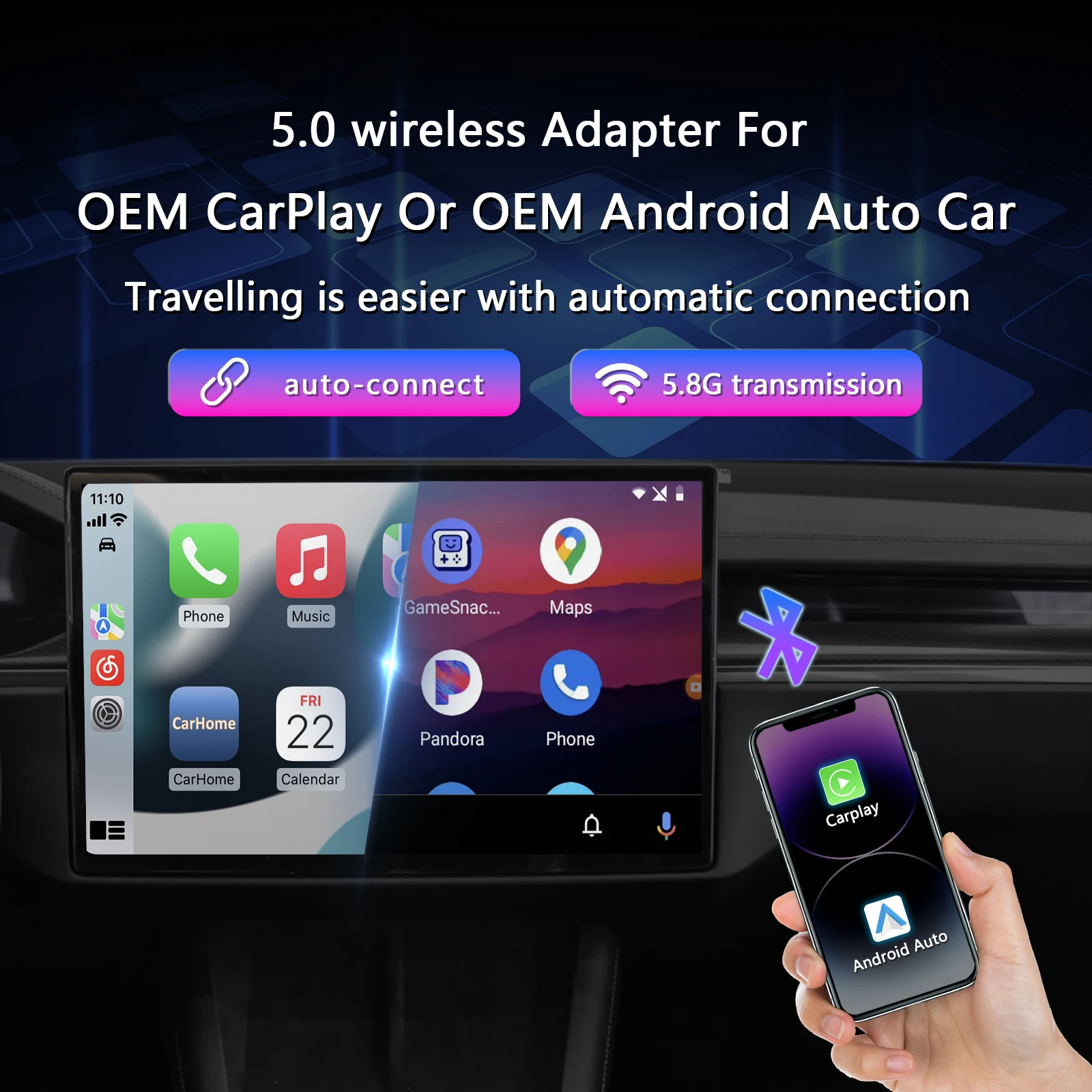 Binize Wireless CarPlay Adapter 2 In 1 Wireless Carplay Dongle For Cars with OEM Wired Carplay / Android Auto Plug ＆ Play