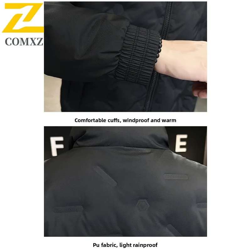 COMXZ Mens stand collar Puffer Jacket Korean Style Solid Color Cotton-Padded Waterproof Windproof Thermal wrinkle Outerwear 2025