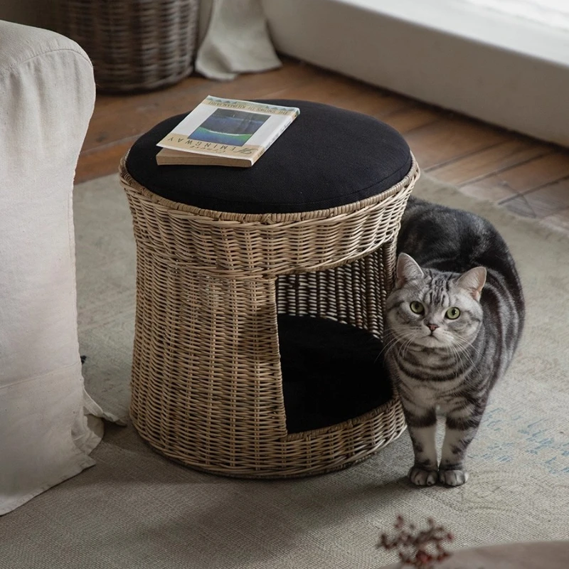 

Handwoven Natural Rattan Cats Nest Basket 2-Tier Cat House with Cushion Creative Cat Bed Pet Furniture Soft Pad Cats Shelter