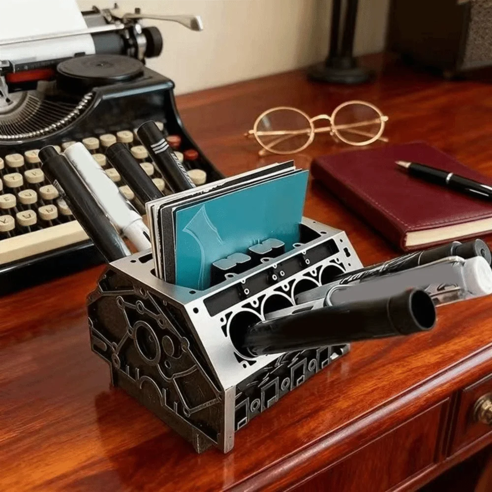 Creative Resin Engine Shape Business Card Holder Large Capacity Black Engine Block Desk Organizer Decorative Pen Holder Office